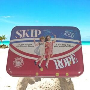 NIP Skip Jump Rope 9' w wooden handles & Handbook of Rhymes in tin Vintage USA